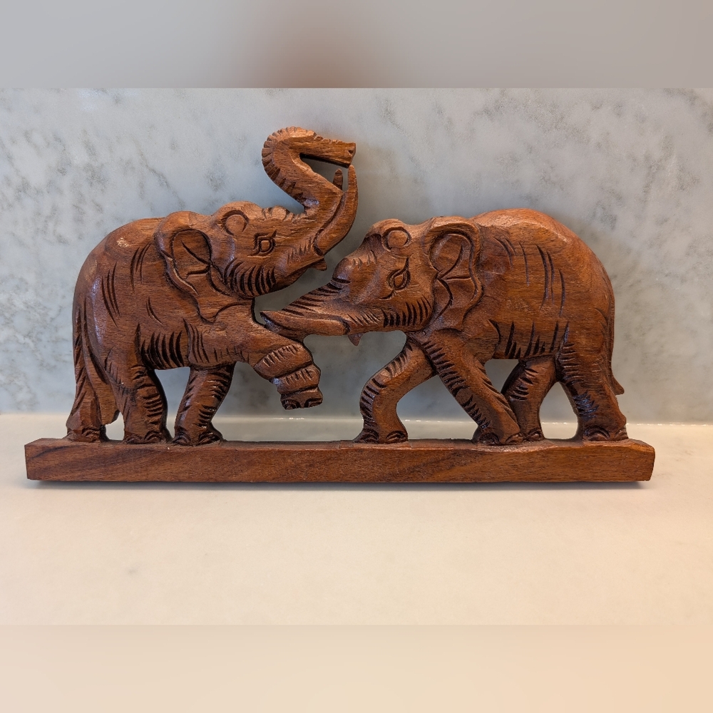 Hand Carved Wood Elephants Plaque